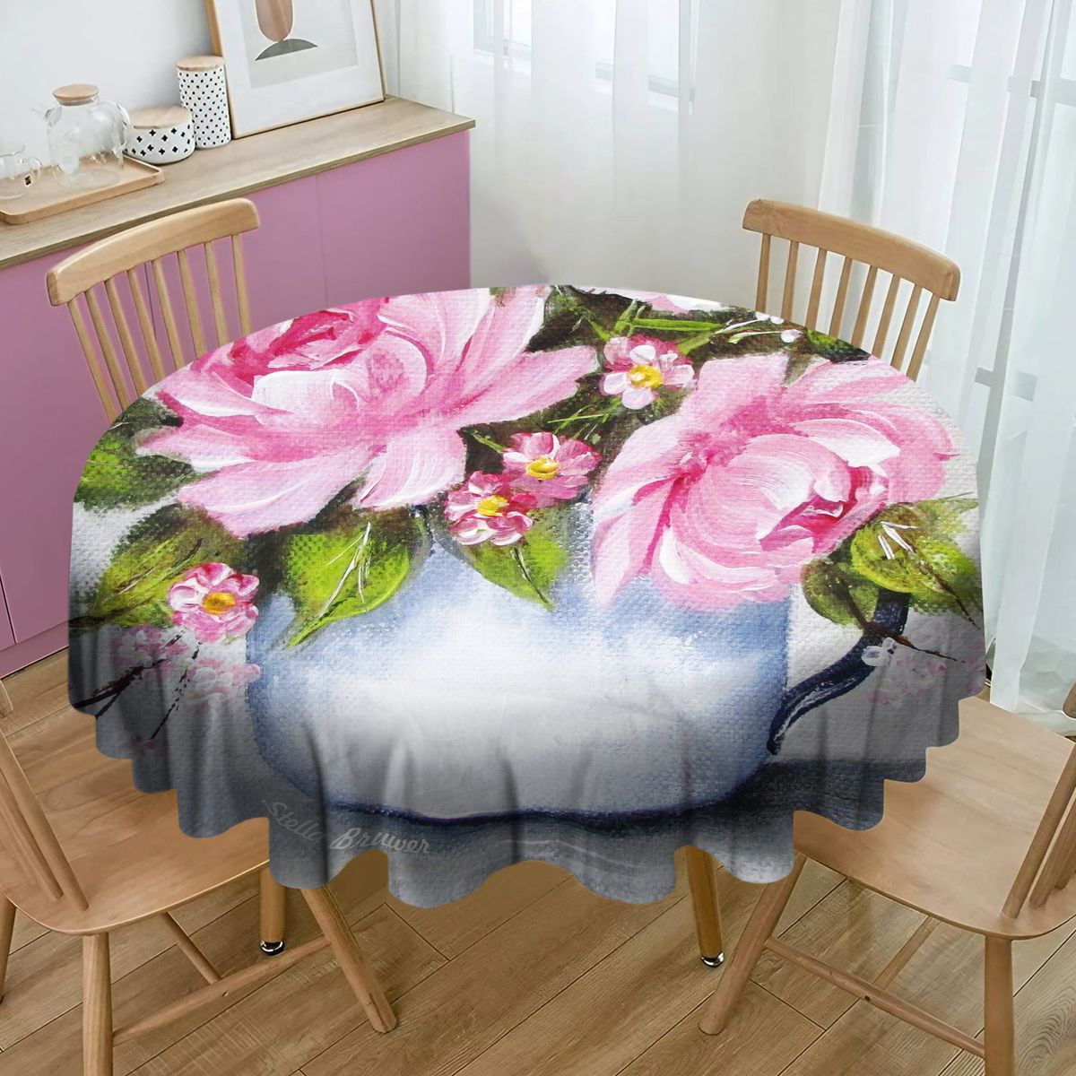 Pink Roses in a Cup By Stella Bruwer Round Tablecloth
