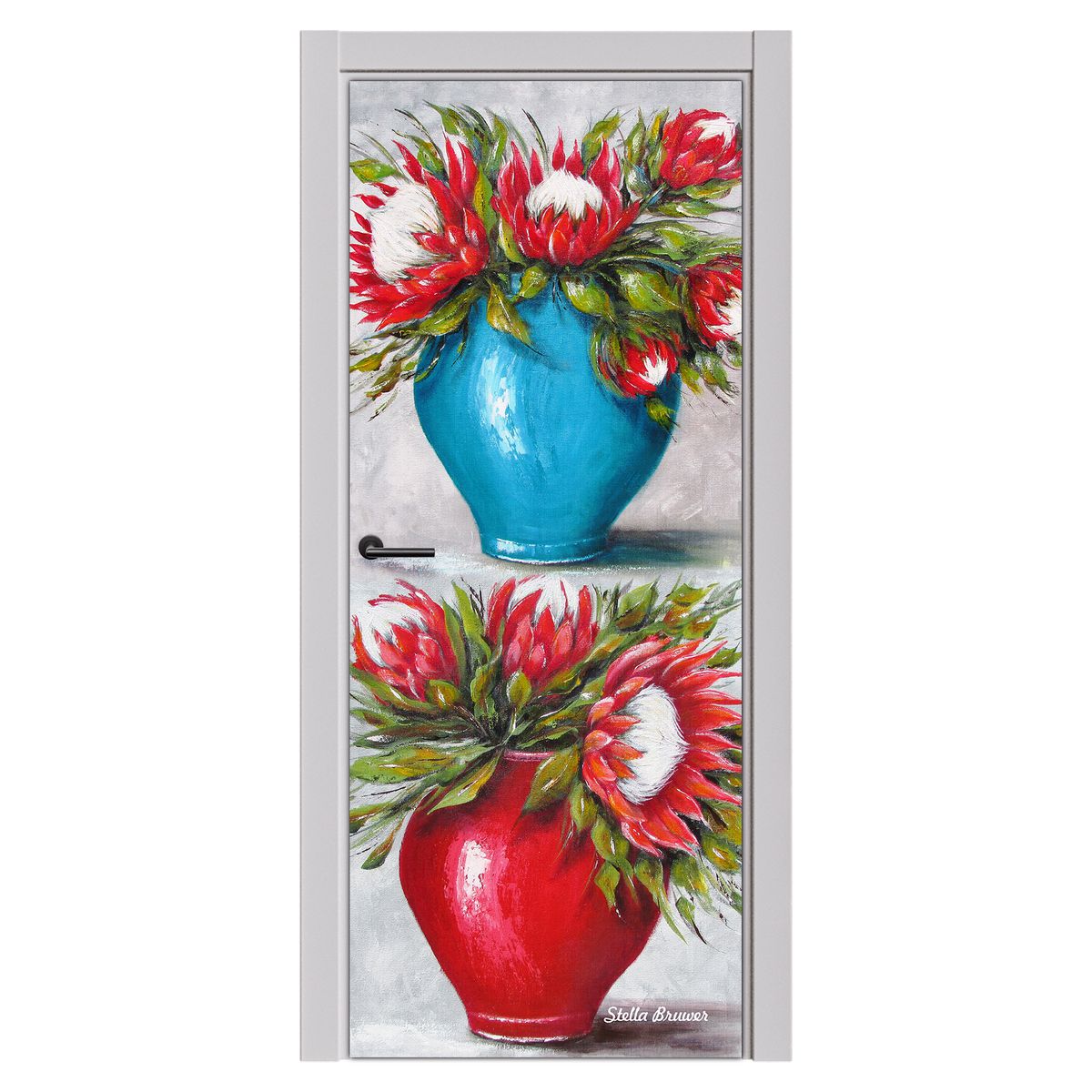 Decoupage - Red and Blue Protea Pot By Stella Bruwer Door