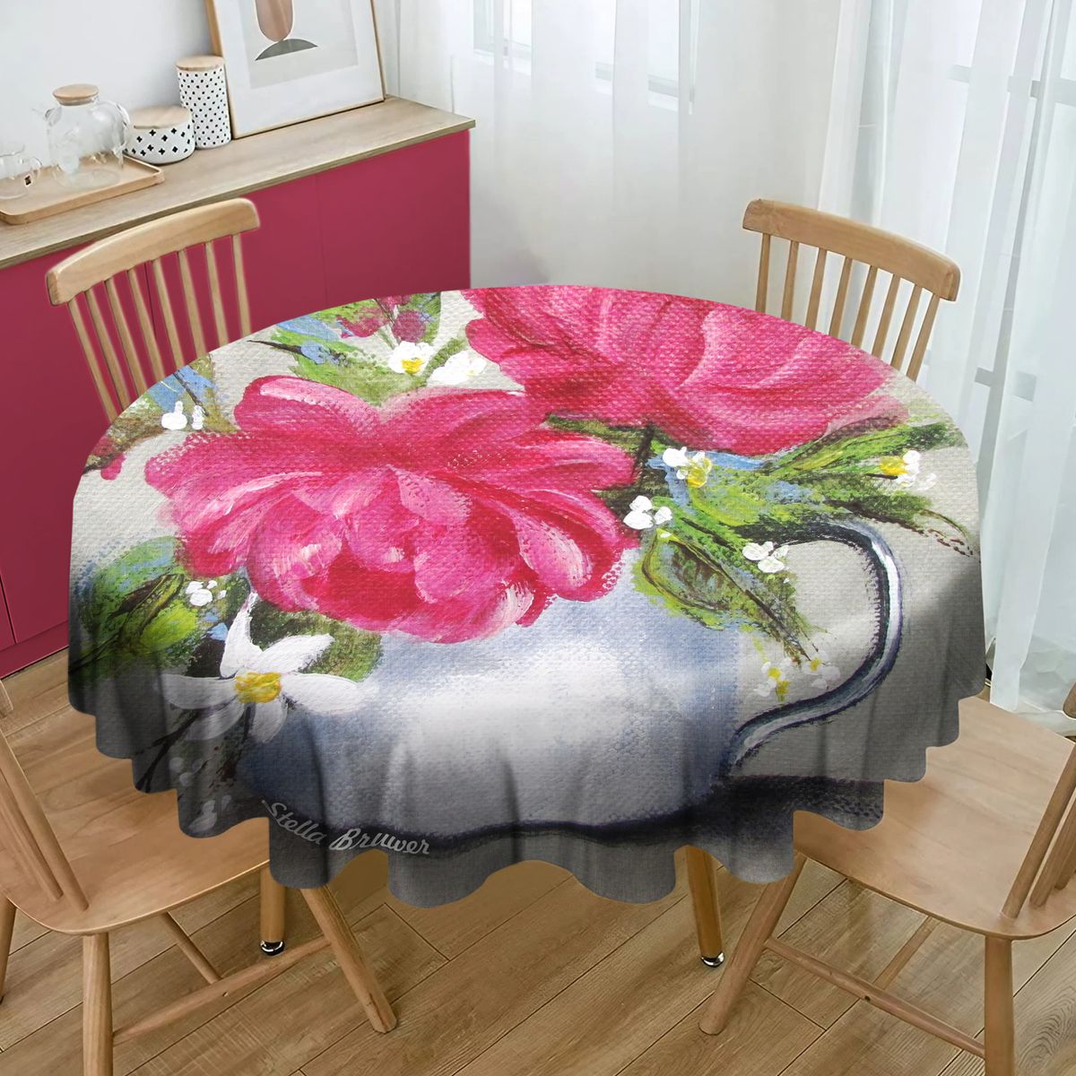 Deep Pink Roses By Stella Bruwer Round Tablecloth
