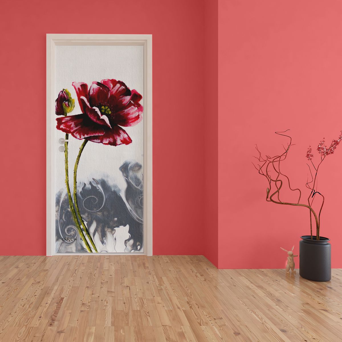 Decoupage - Pouring Poppie Bud By Cherylin Louw Door