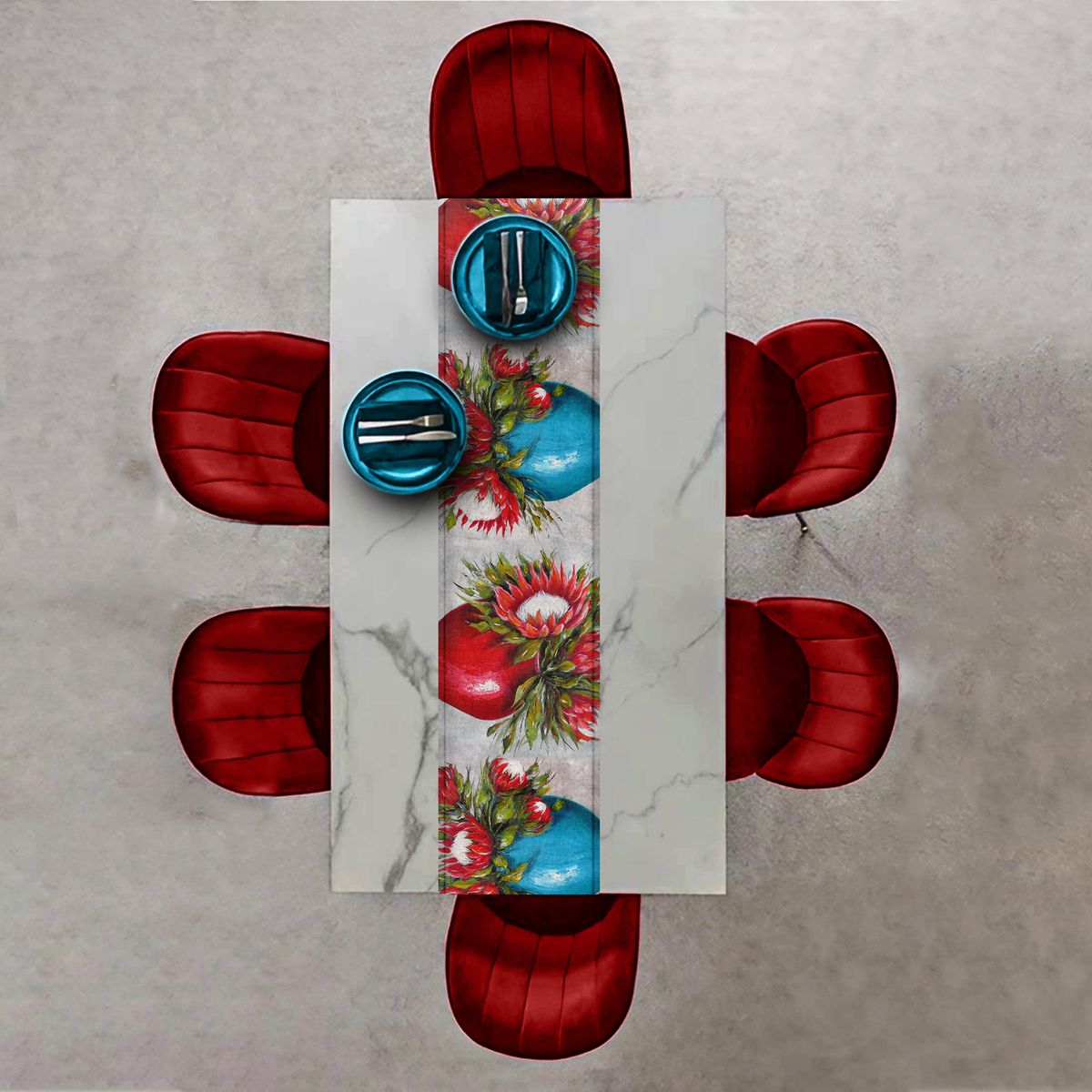 Red and Blue Potted Proteas By Stella Bruwer Table Runner