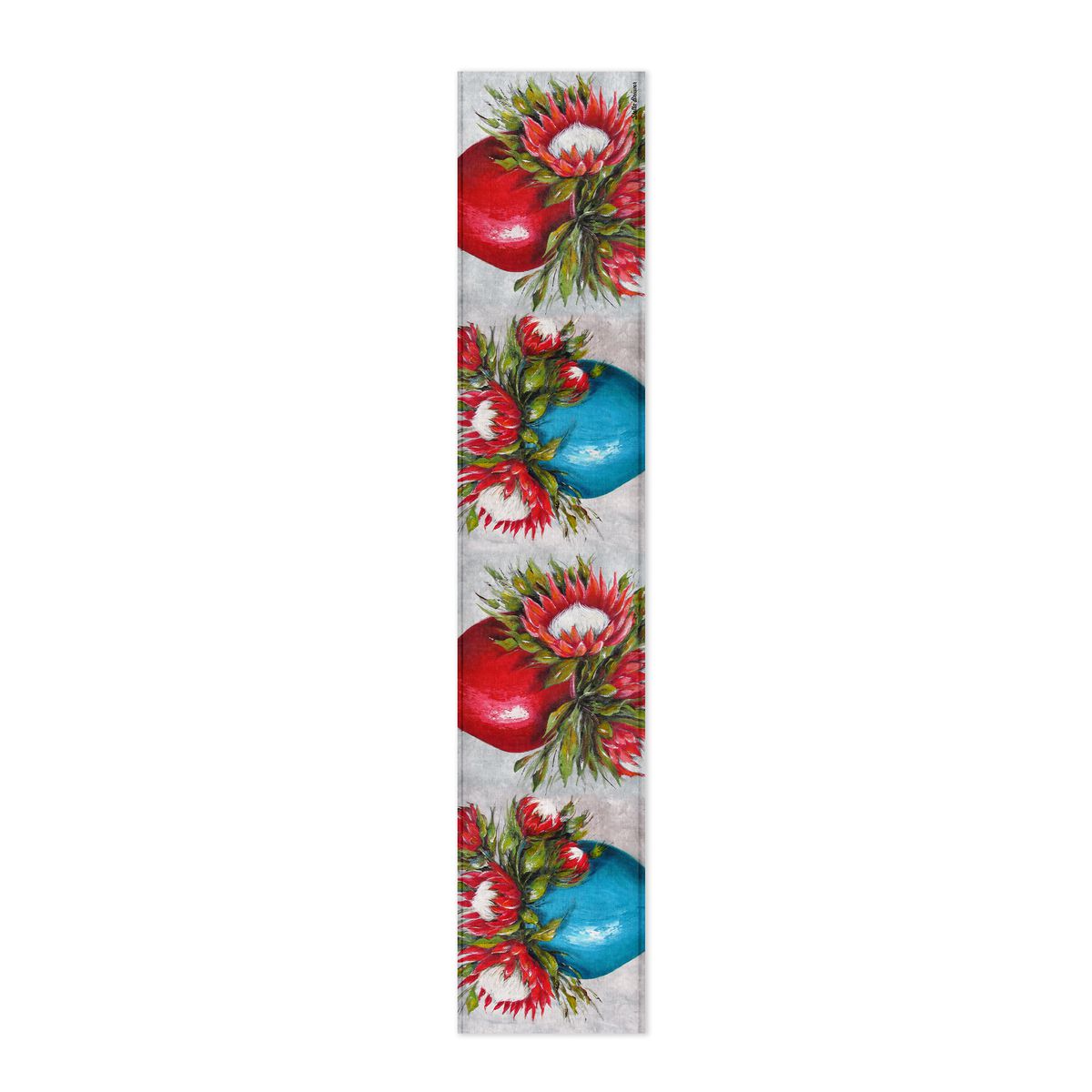 Red and Blue Potted Proteas By Stella Bruwer Table Runner