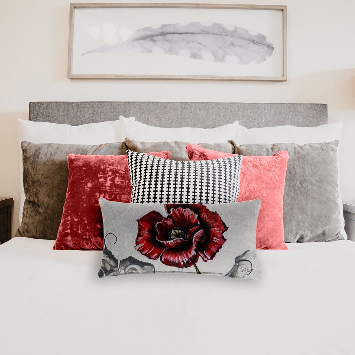 Open Poppy On Grey By Cherylin Louw Oblong Luxury Scatter