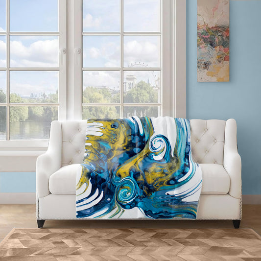 Abstract Gold and Blue Waves Light Weight Fleece Blanket by Cherylin Louw