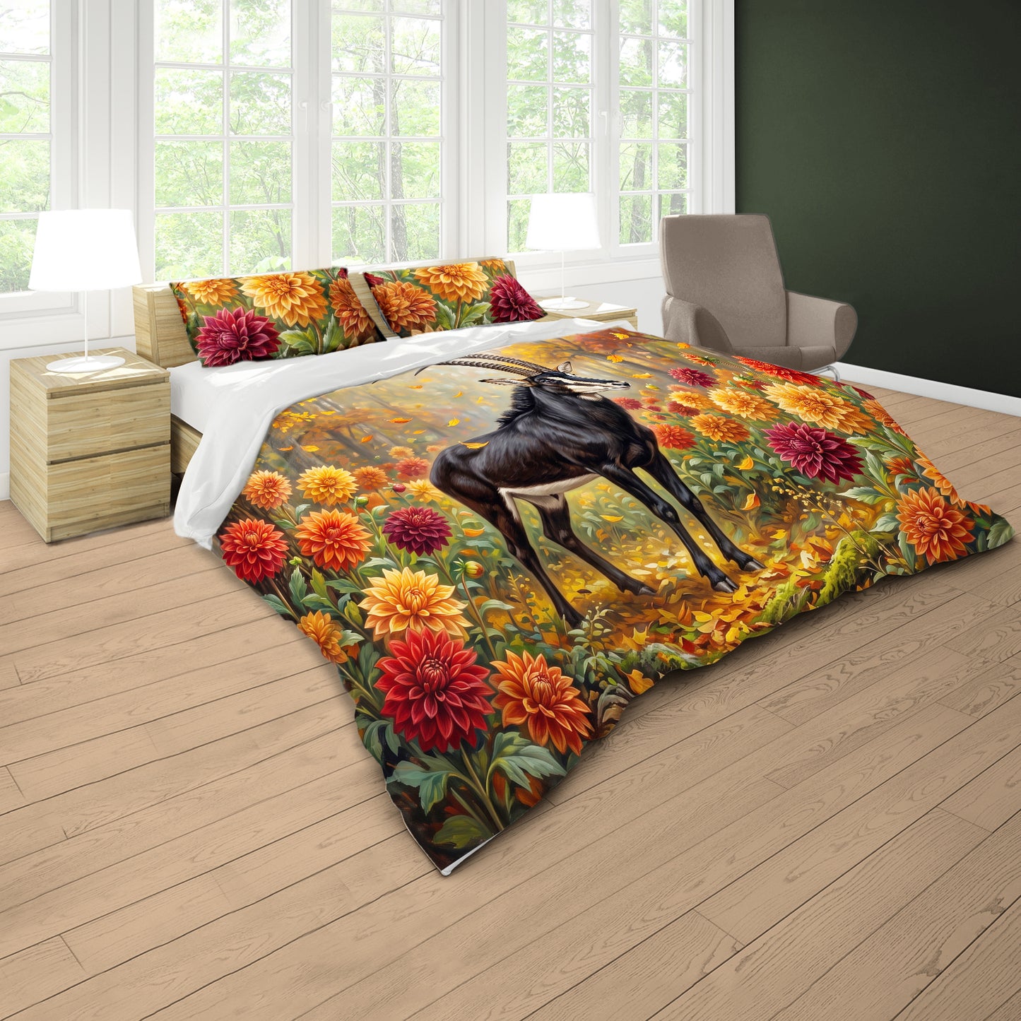 Antelope & Dahlia Flowers in Autumn Duvet Cover Set