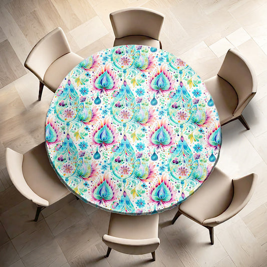 Aqua Leaves Round Tablecloth