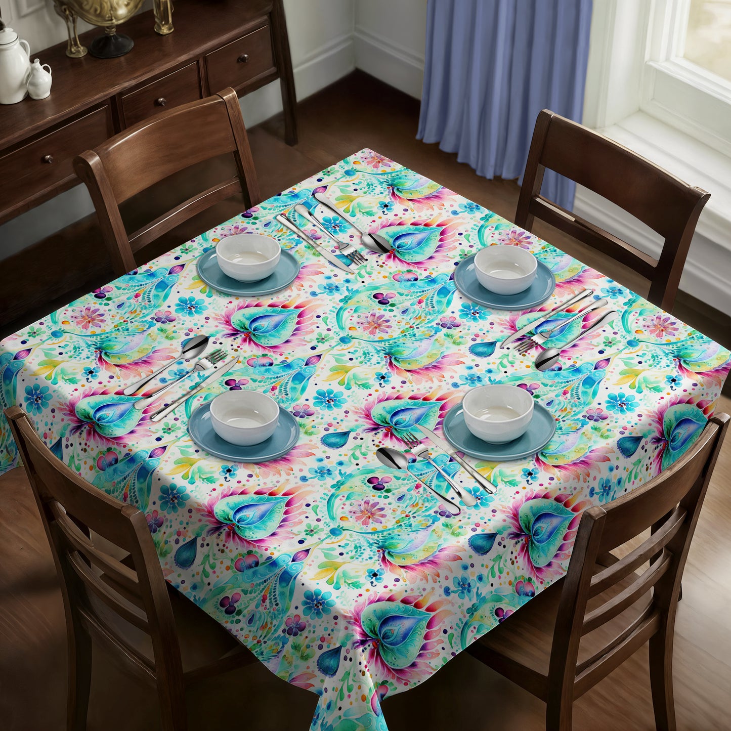 Aqua And White Square Tablecloth