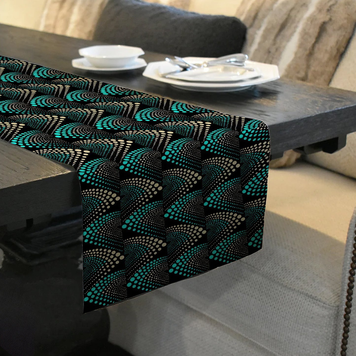 Aqua and Gold Pattern Table Runner