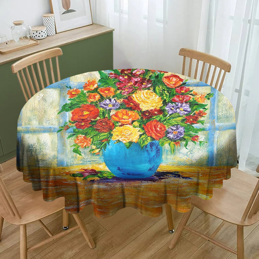 Autumn Florals in Blue Vase Round Tablecloth By Yolande Smith