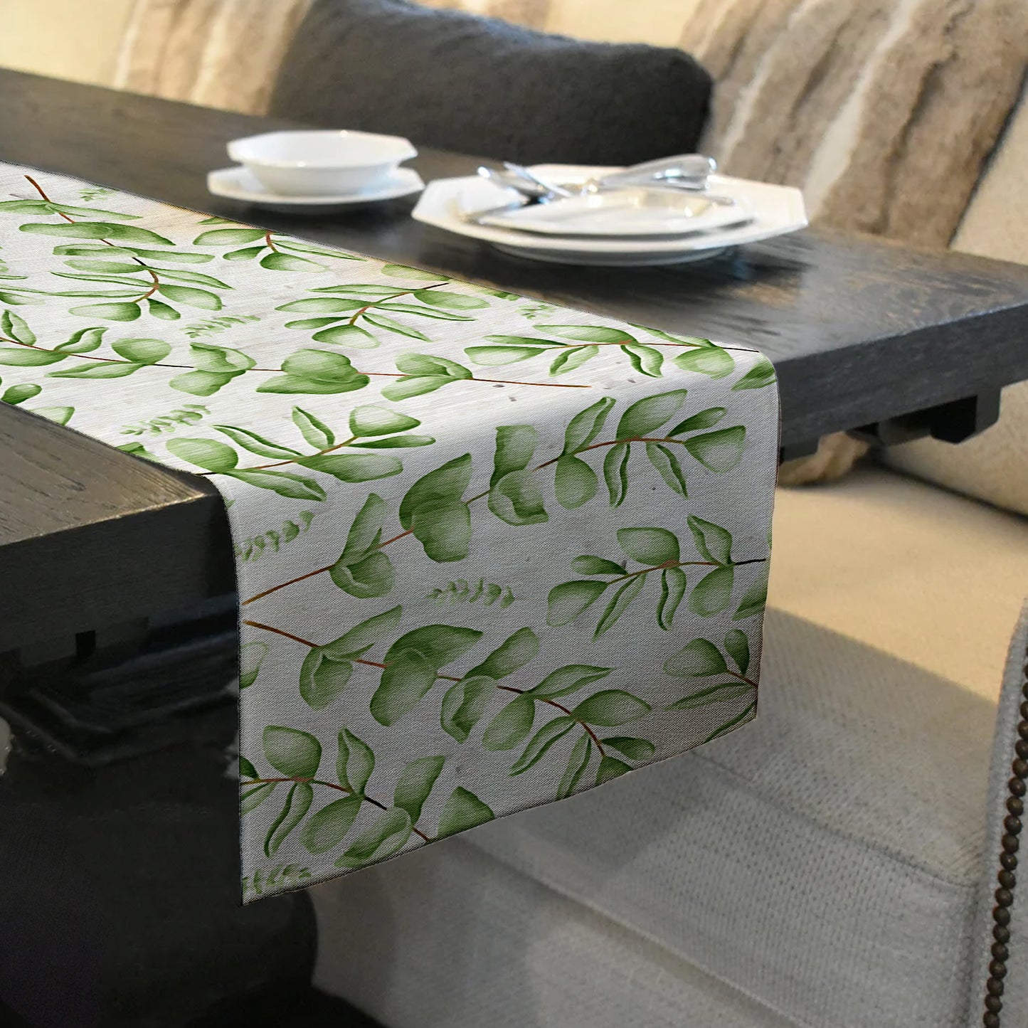 Beautiful Painted Green Leaves Table Runner By Mark van Vuuren