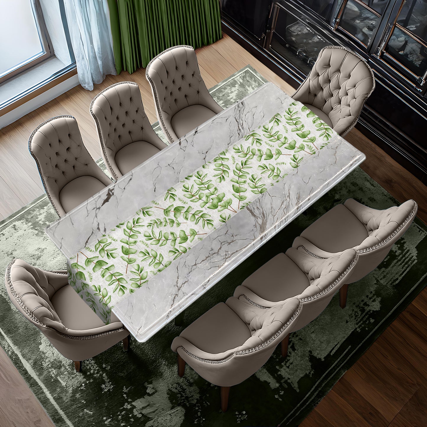 Beautiful Painted Green Leaves Table Runner By Mark van Vuuren