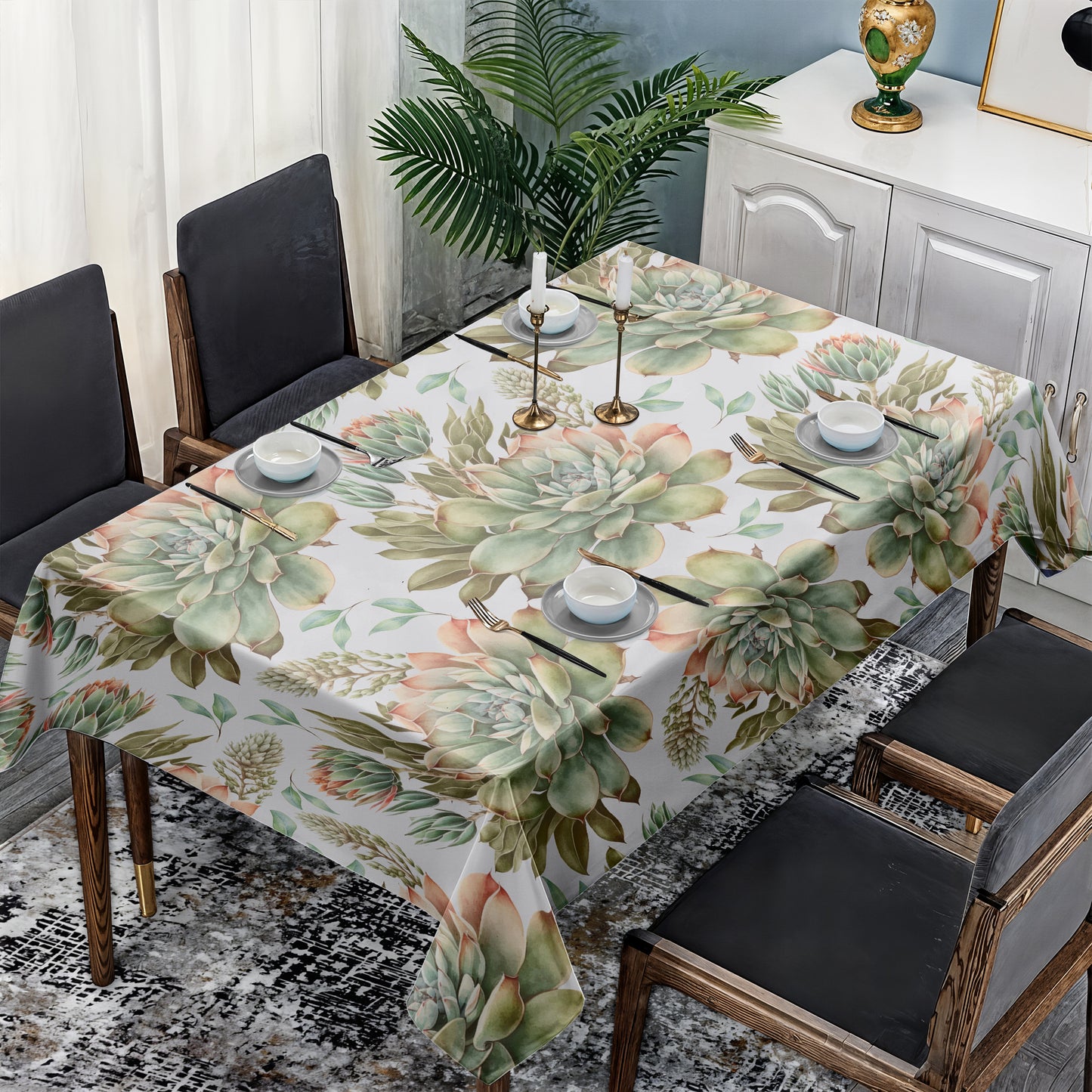 Beautiful Succulents On White Rectangle Tablecloth by Mark van Vuuren