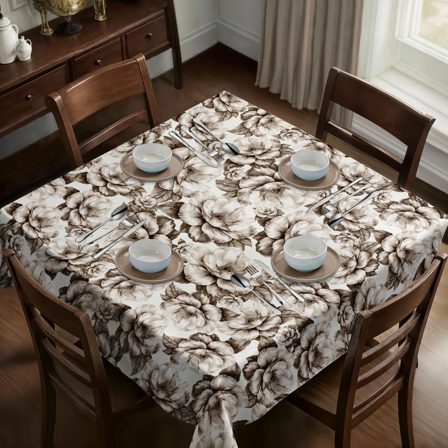Beige Bloom Square Tablecloth By Mark Van Vuuren