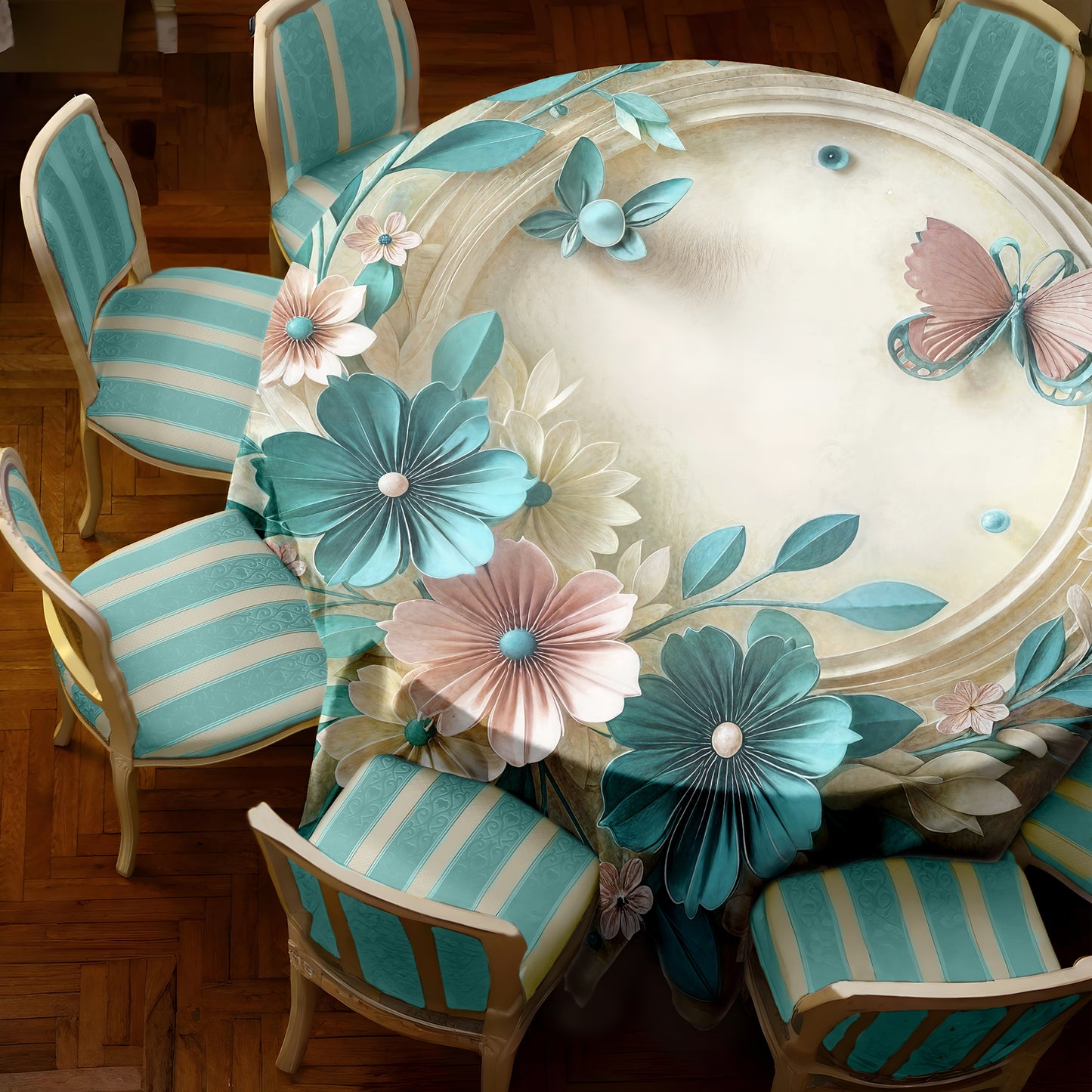 Beige Floral 2,3m Round Tablecloth