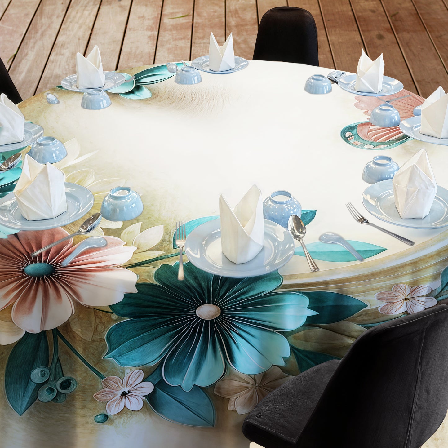 Beige Floral 2,3m Round Tablecloth