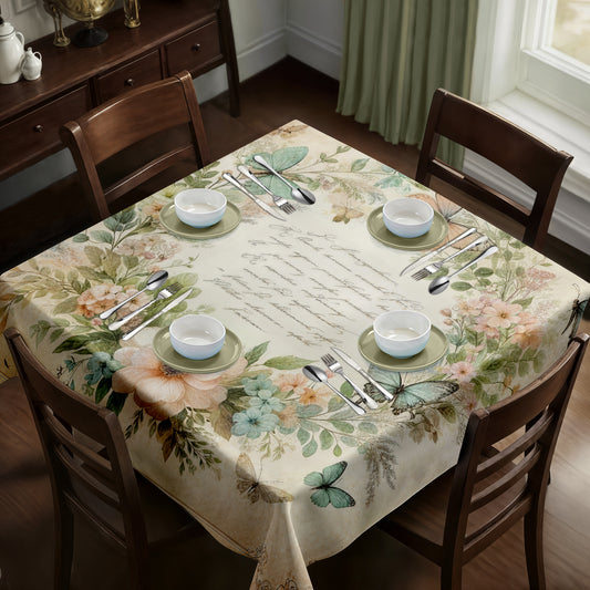 Beige Flowera and Butterflies Square Tablecloth