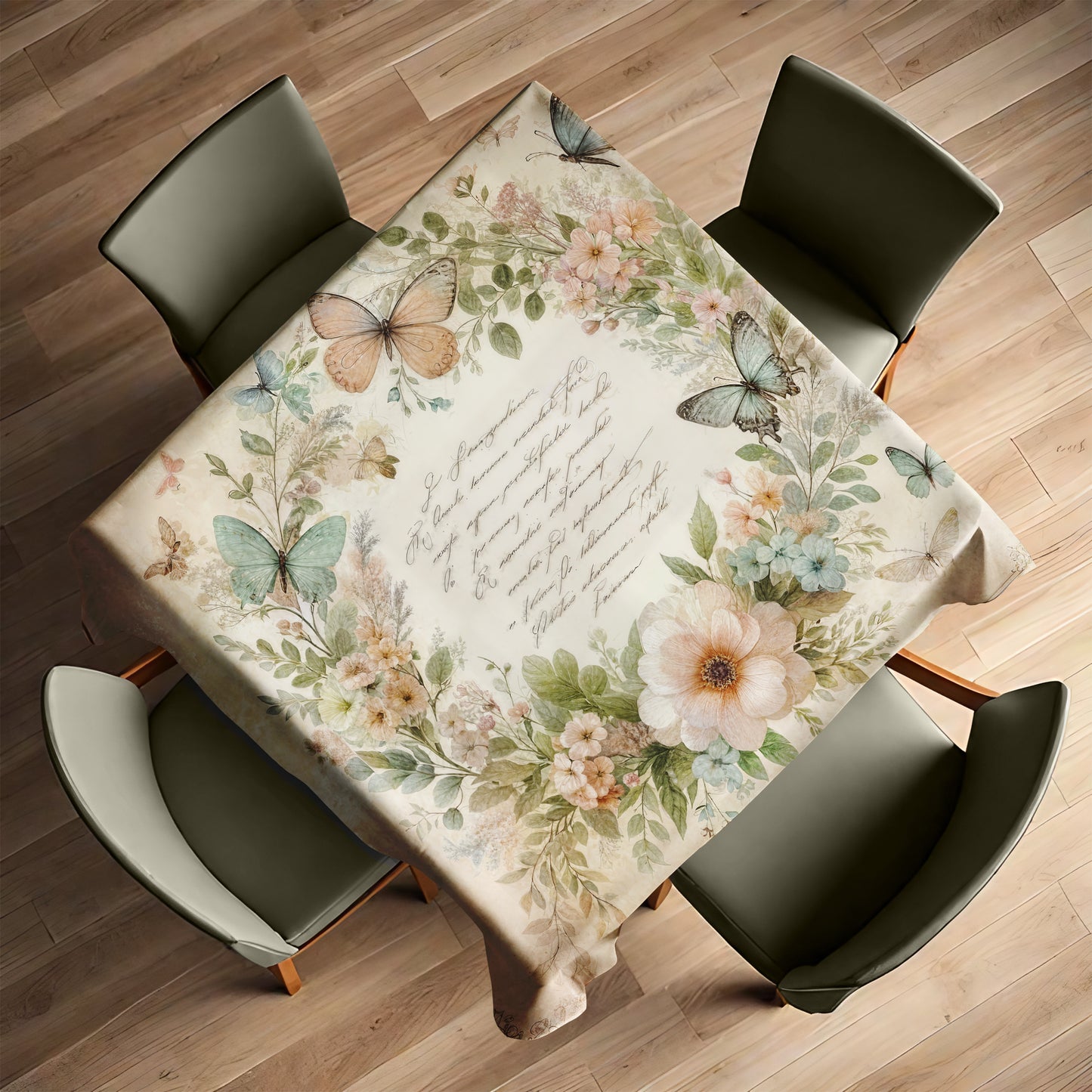 Beige Flowera and Butterflies Square Tablecloth