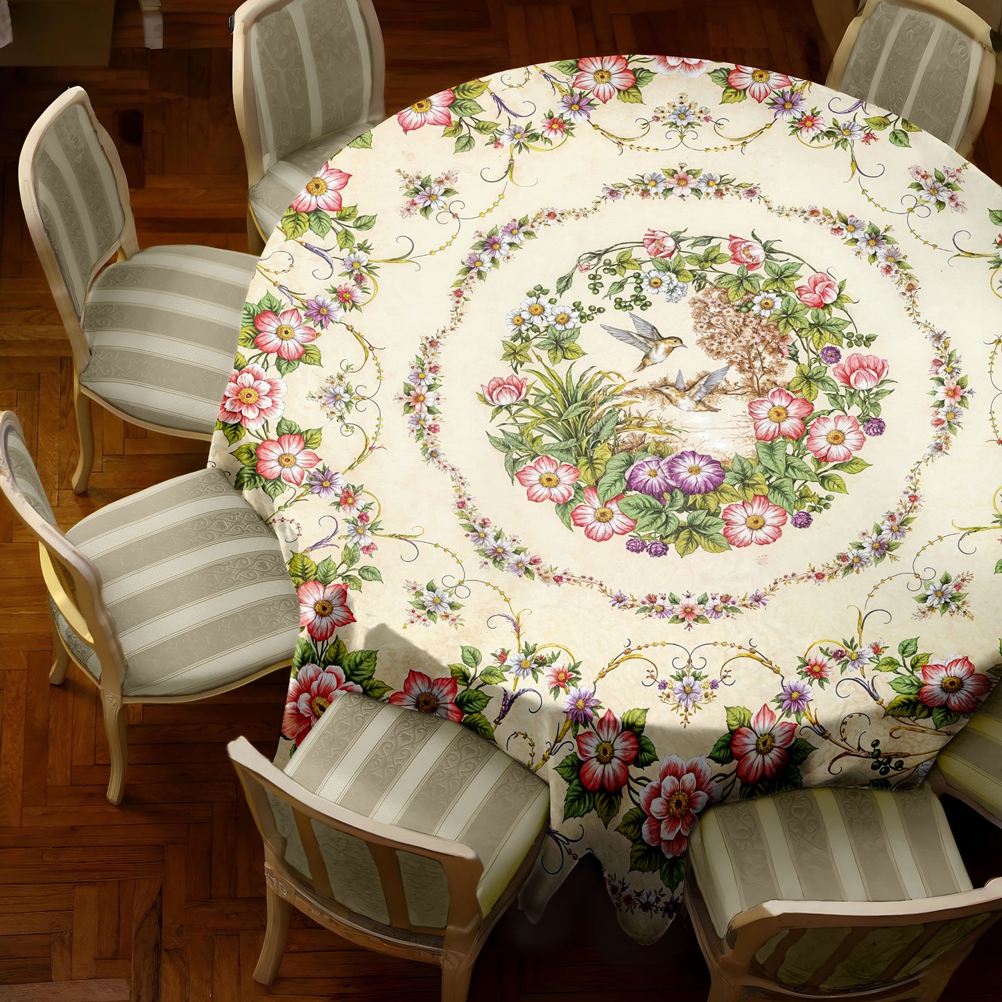 Beige with Forget Me Nots 2,3m Round Tablecloth