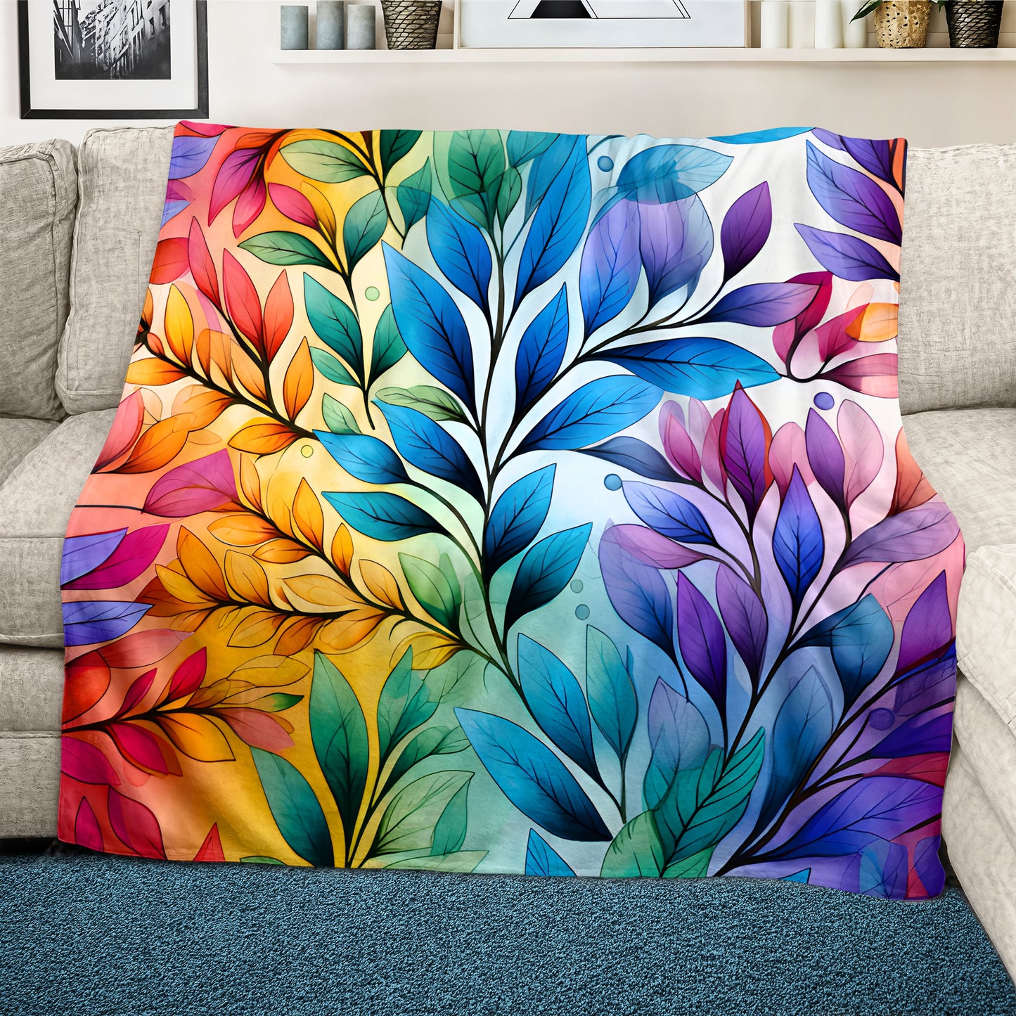 Rainbow Foliage Big Leaves Light Weight Fleece Blanket