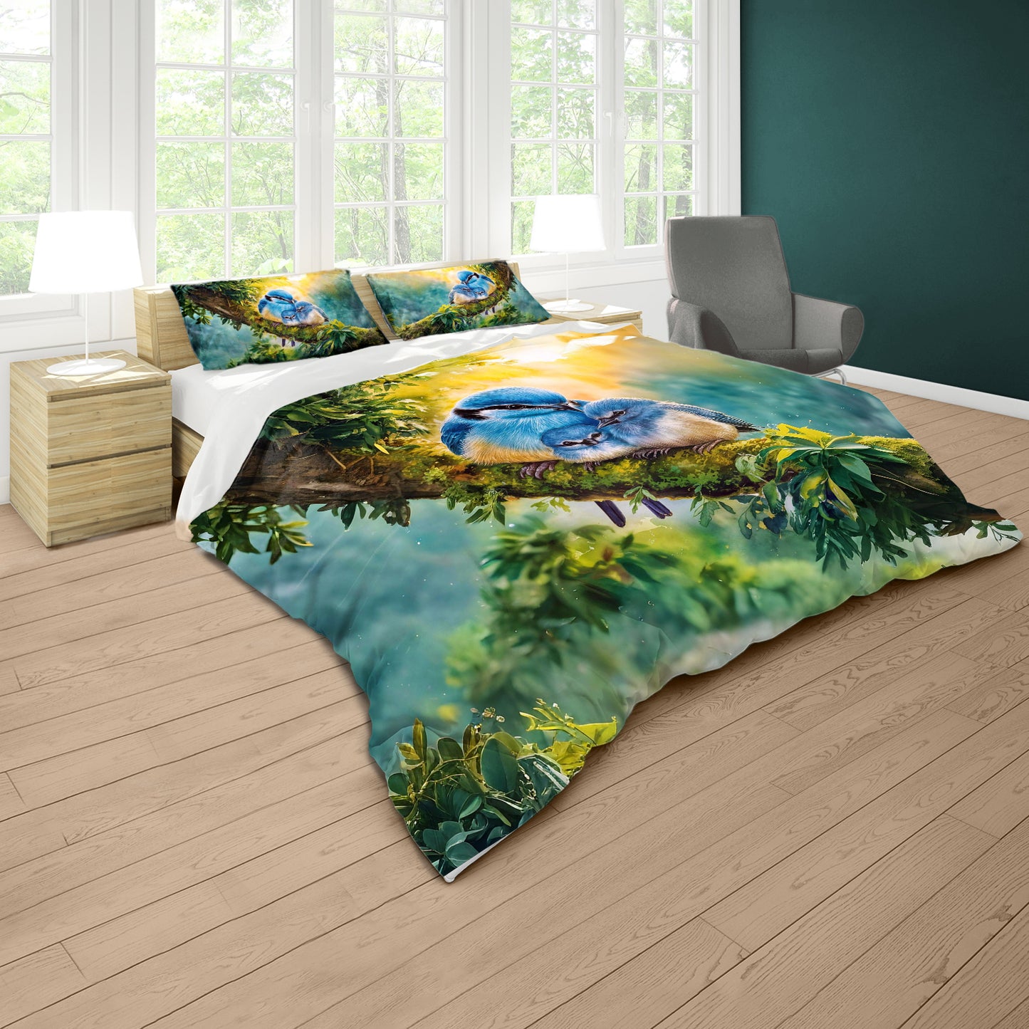 Birds Nestled in Blue Duvet Cover Set