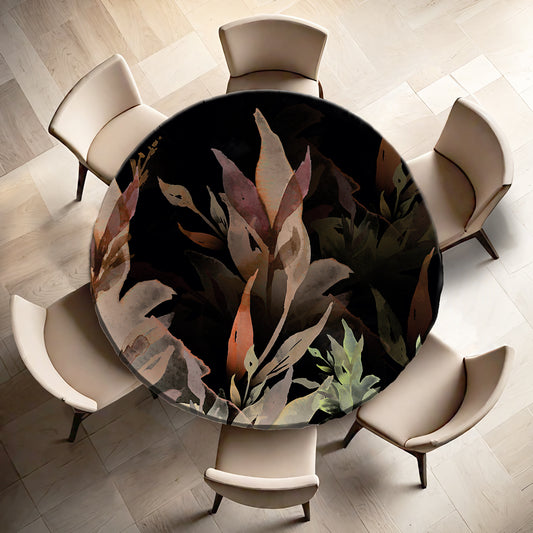 Black Background Green Leaves Round Tablecloth By Mark Van Vuuren