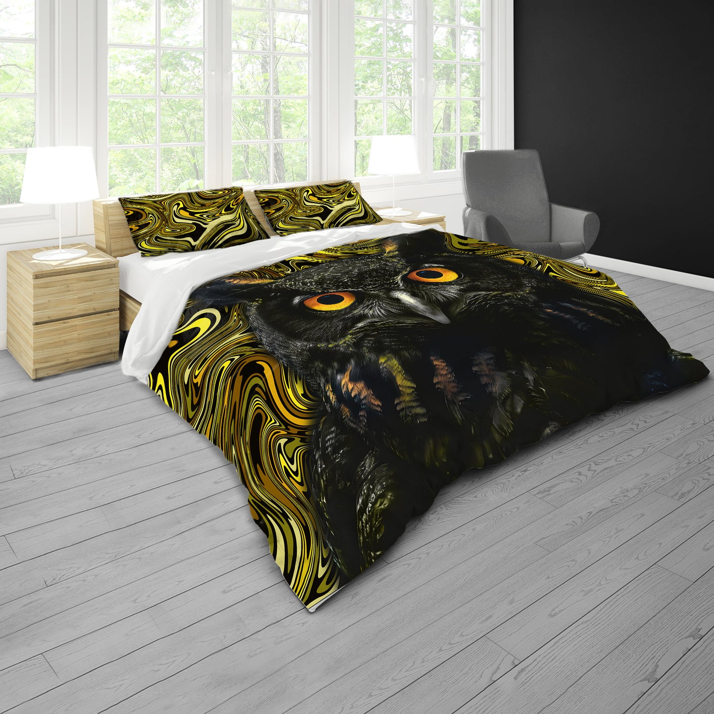 Black & Yellow Owl Duvet Cover Set