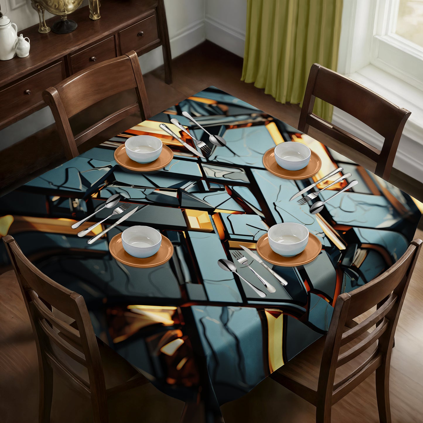 Black and Gold 3D Tiles Square Tablecloth