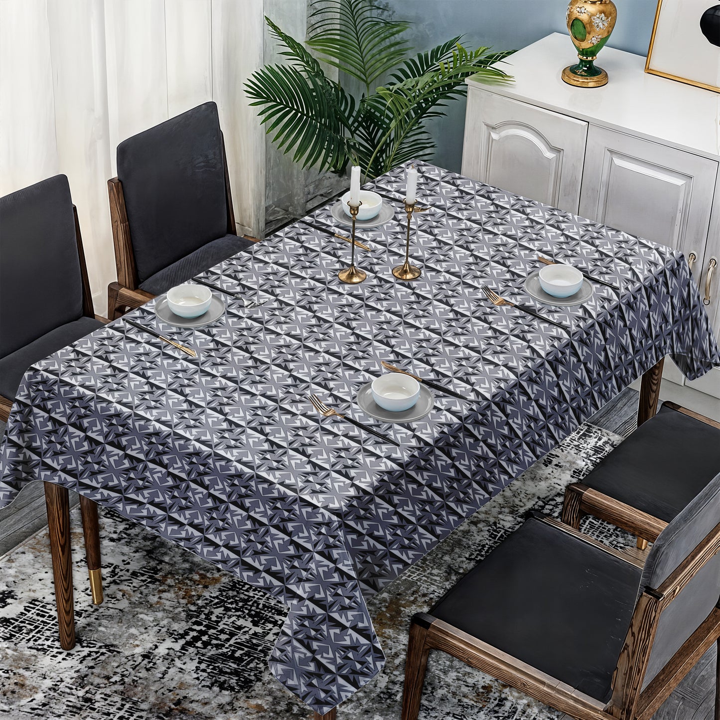 Black and Silver Geometric Shapes Rectangle Tablecloth