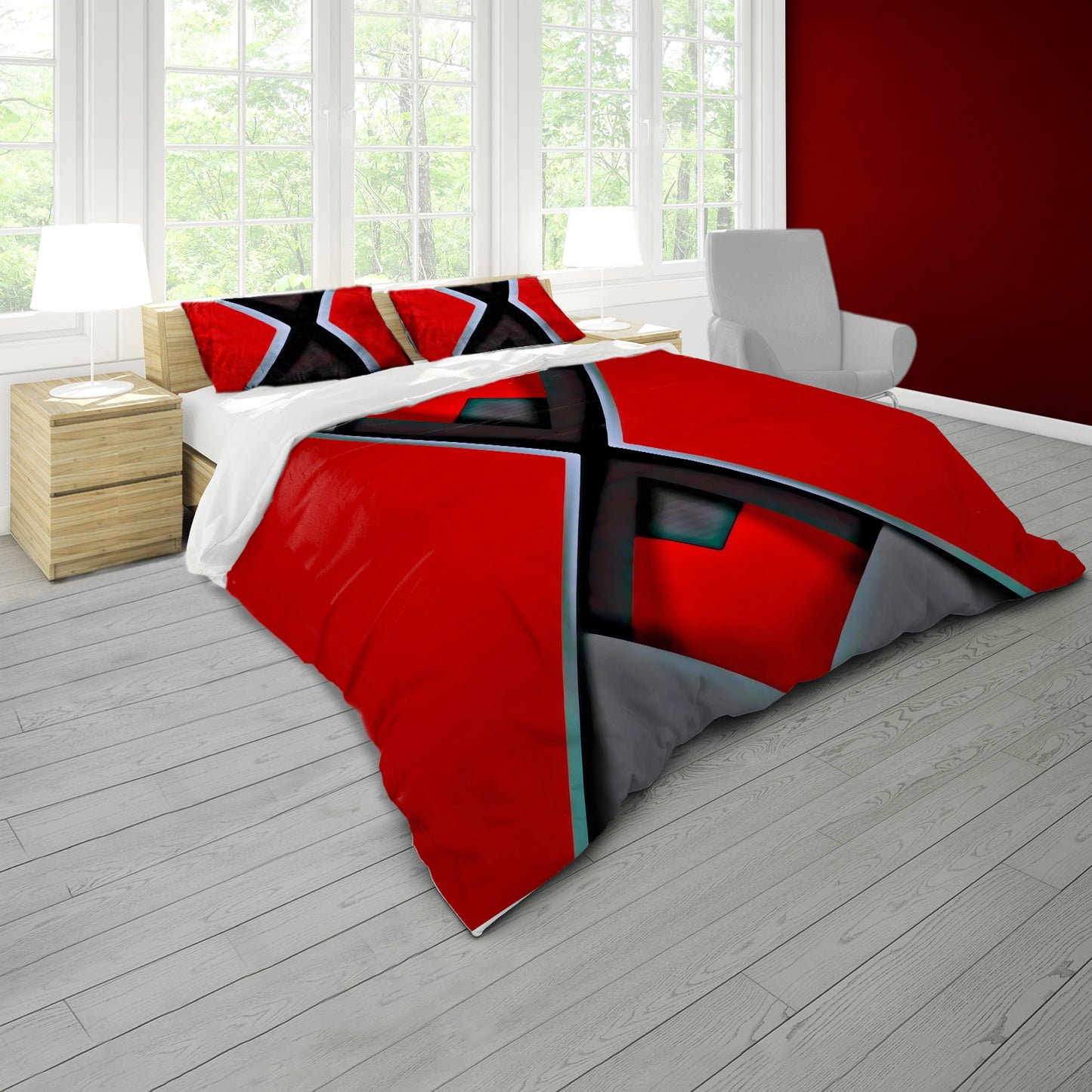 Black on Red Futuristic Design Duvet Cover Set
