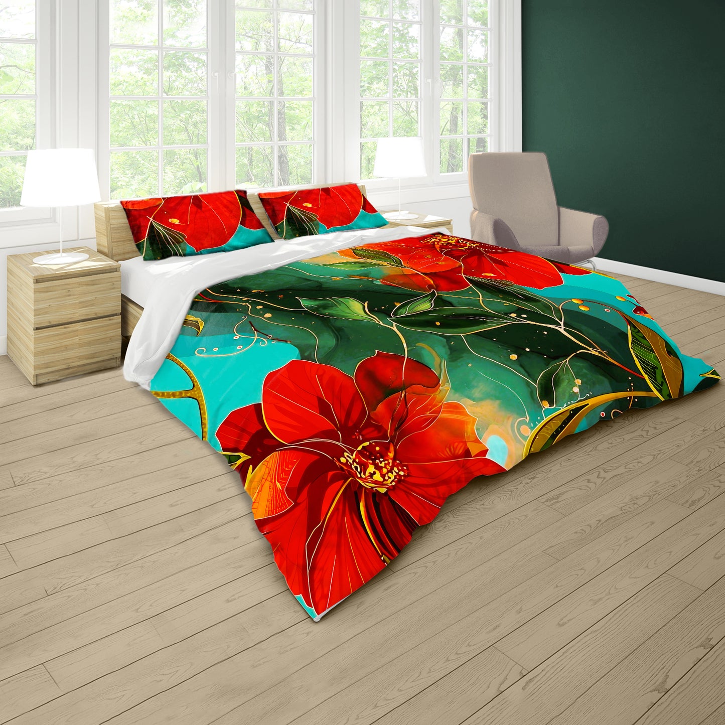 Blazing Red Blossoms Duvet Cover Set