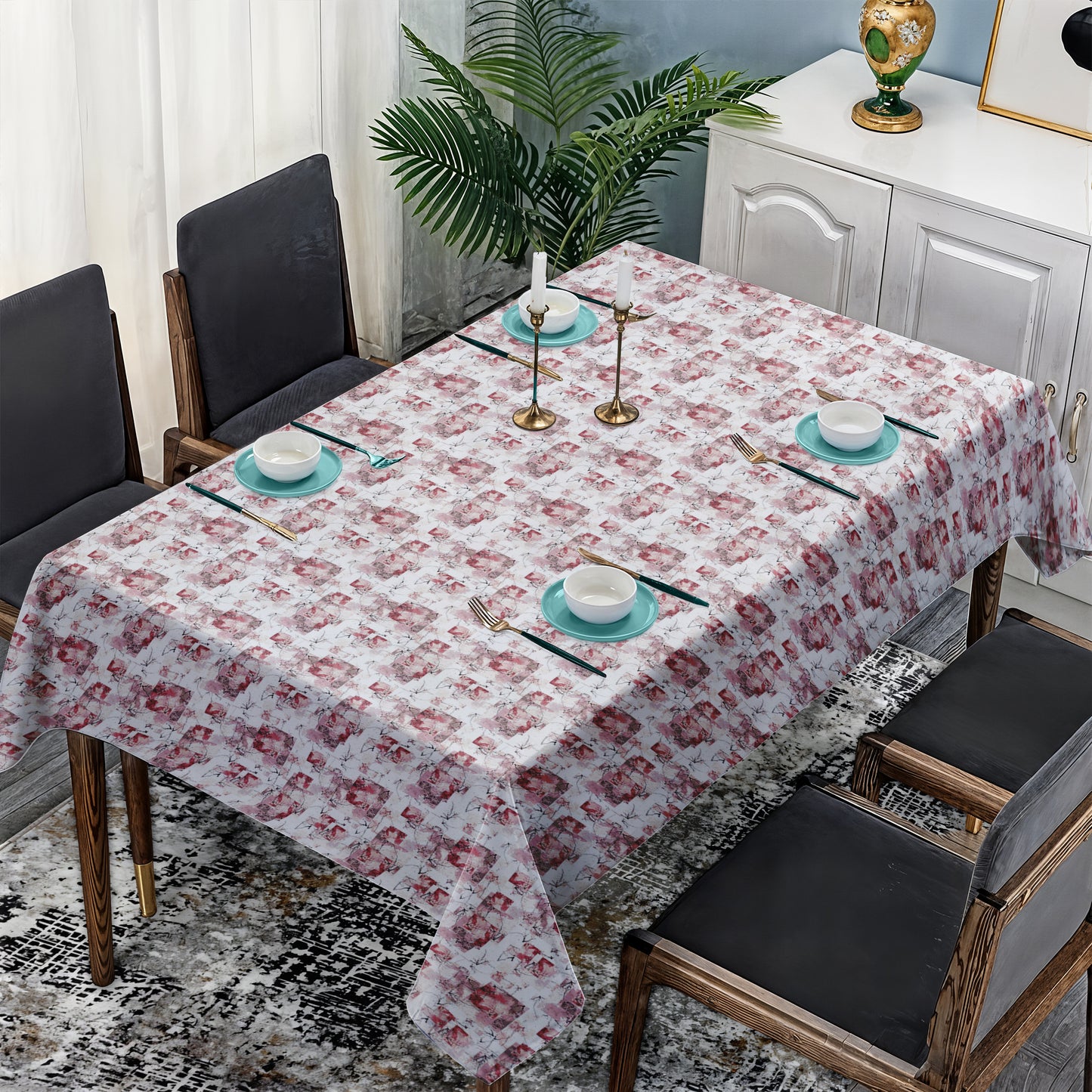 Block Pattern on White Rectangle Tablecloth