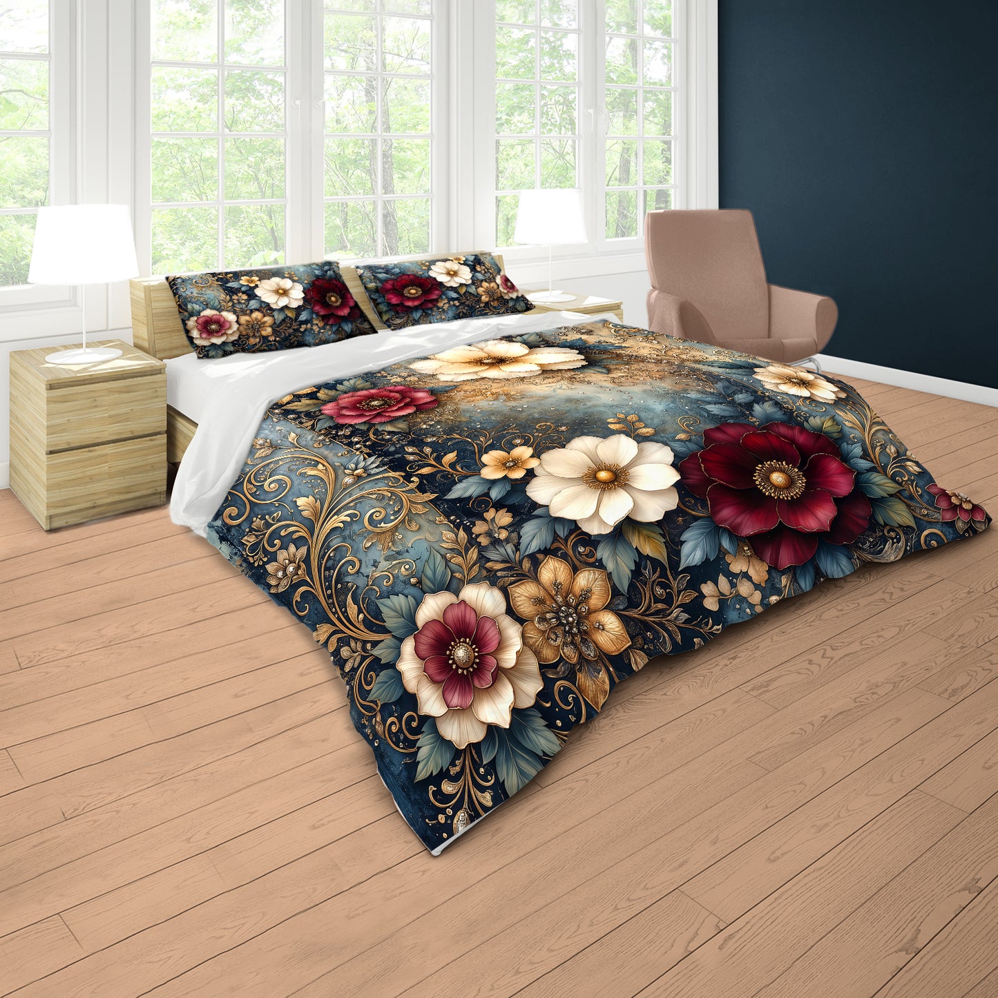 Blossoms on Rust Duvet Cover Set