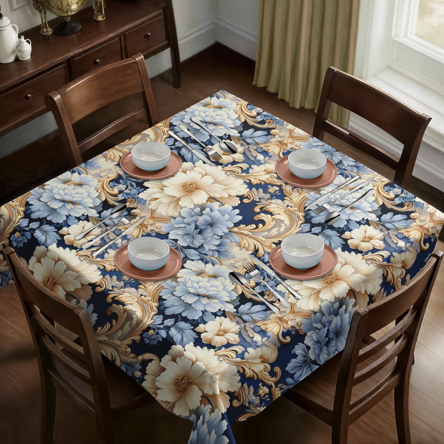 Blue And Beige Floral Square Tablecloth