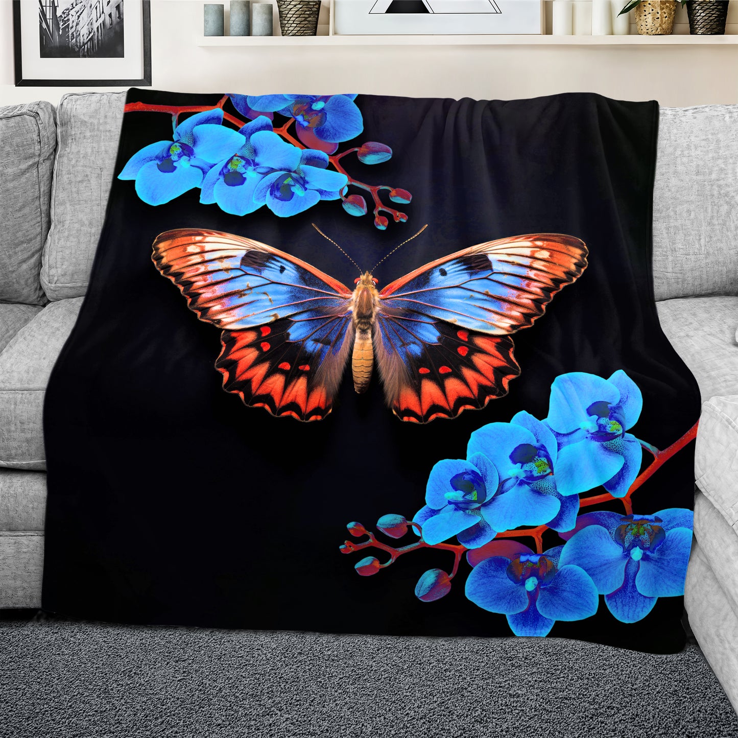 Blue Forest Butterfly Light Weight Fleece Blanket