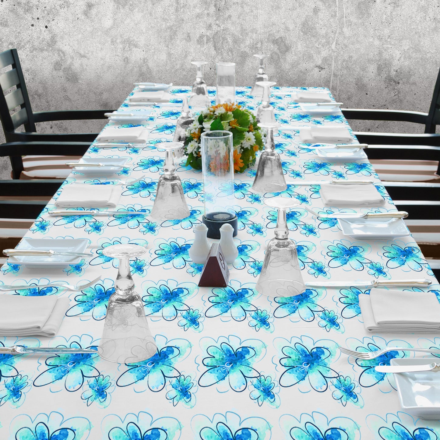 Blue Line Art Floral 3m Rectangle Tablecloth