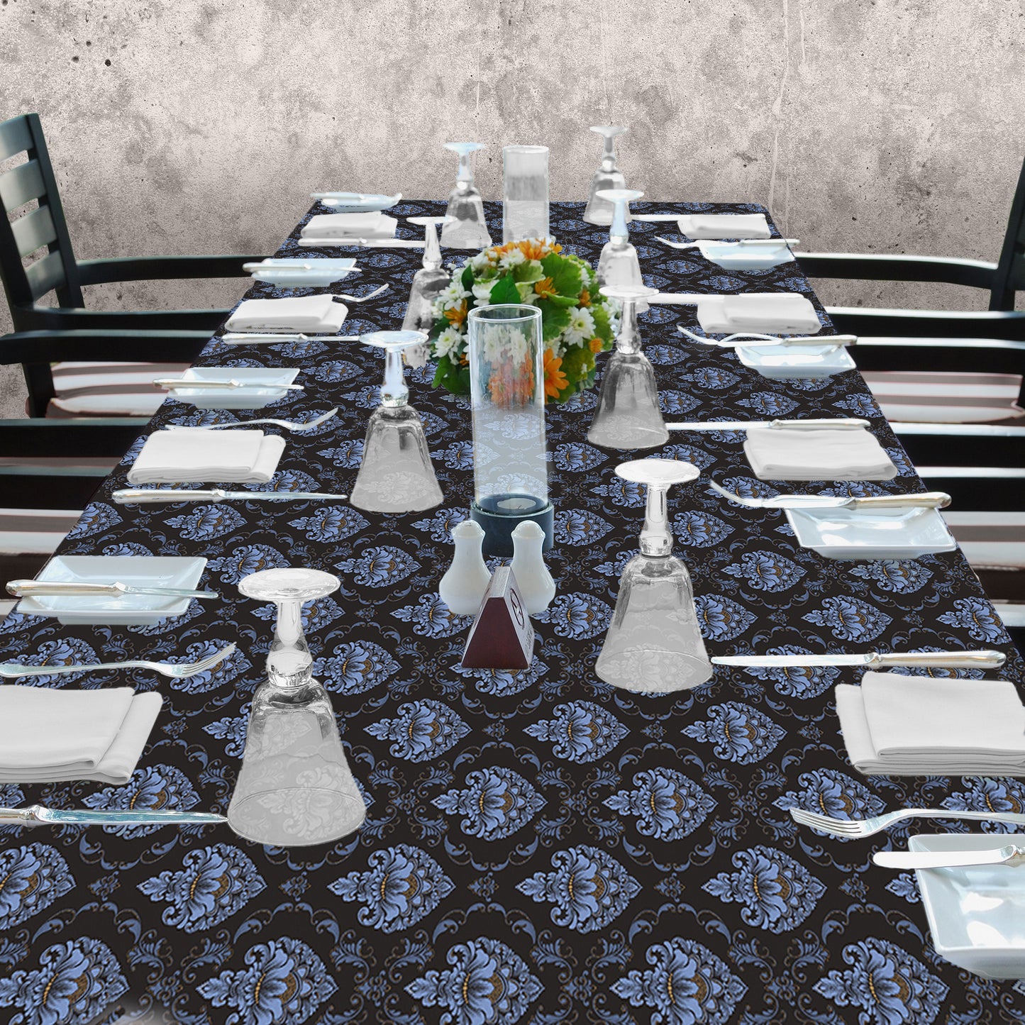 Blue Luxury Pattern on Black 3m Rectangle Tablecloth