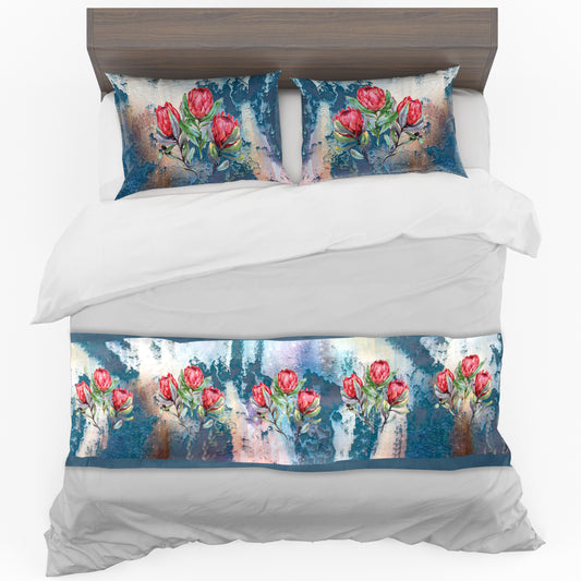 Proteas On Blue Bed Runner and Optional Pillowcases