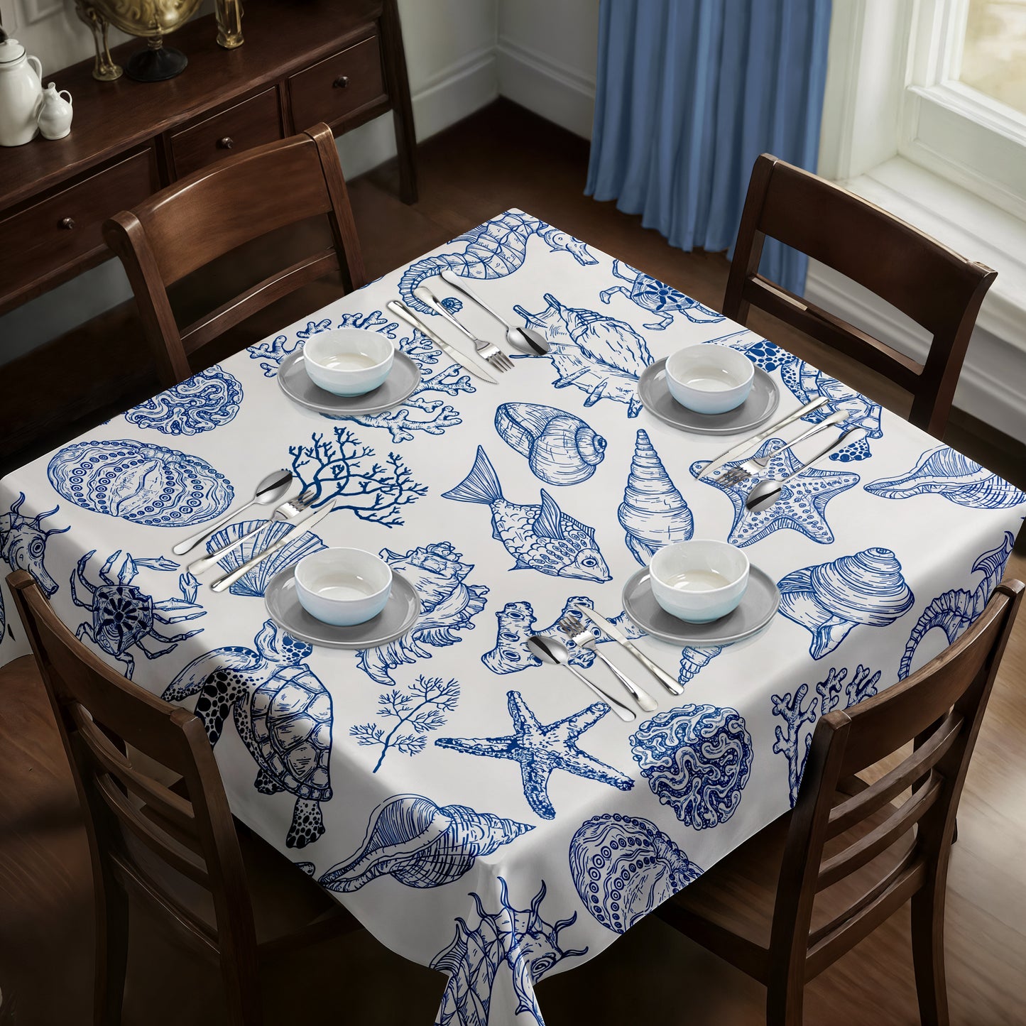 Blue Shells on White Square Tablecloth