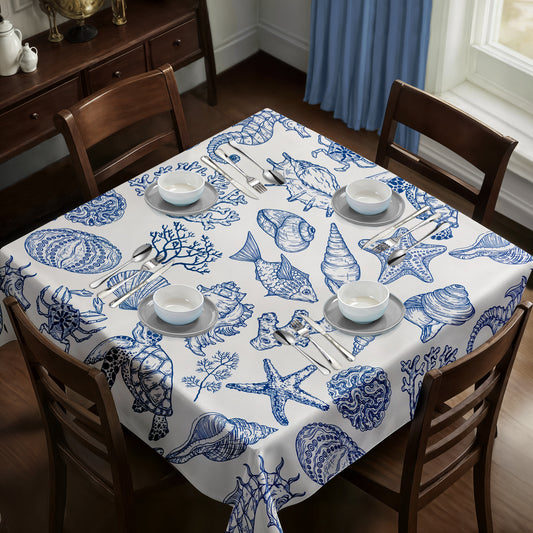 Blue Shells on White Square Tablecloth