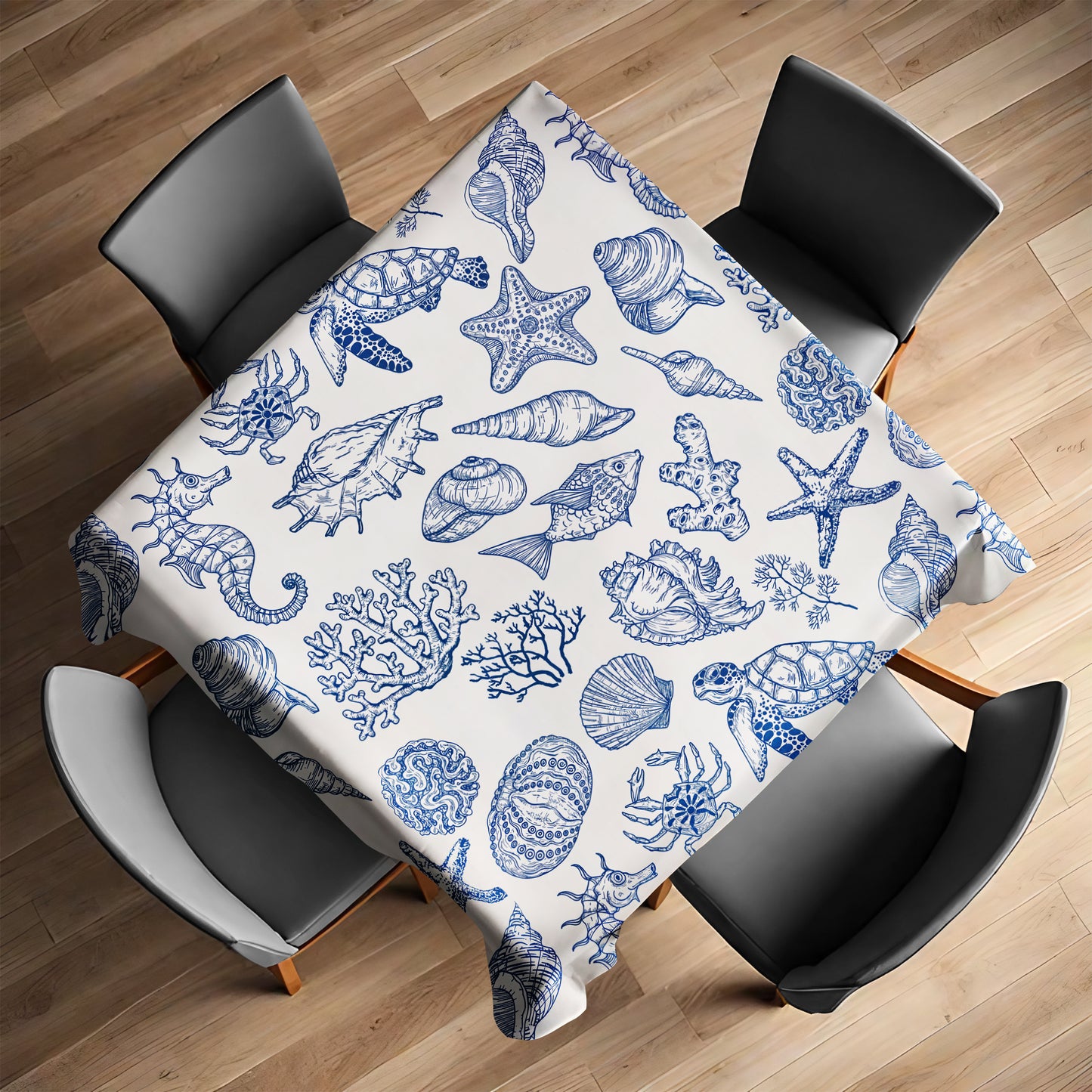 Blue Shells on White Square Tablecloth