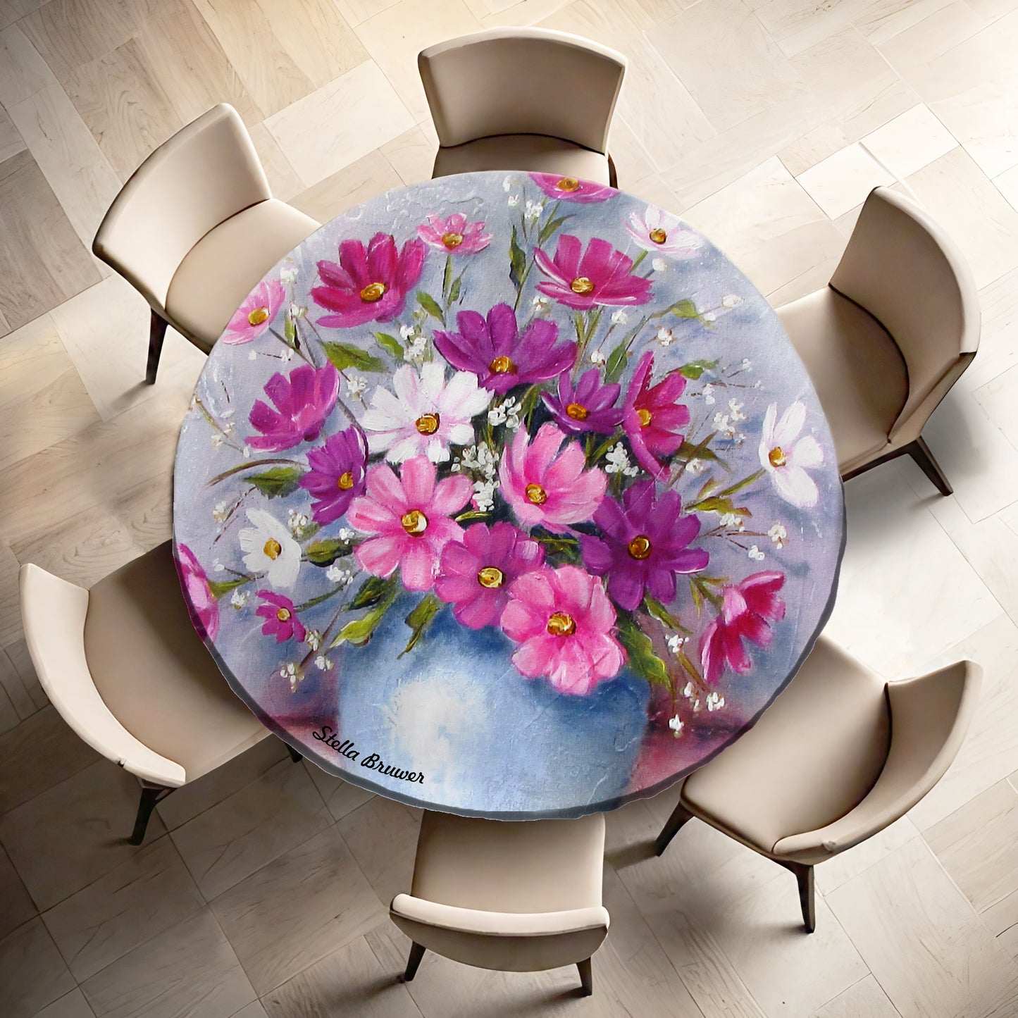 Blue Pot By Stella Bruwer Round Tablecloth