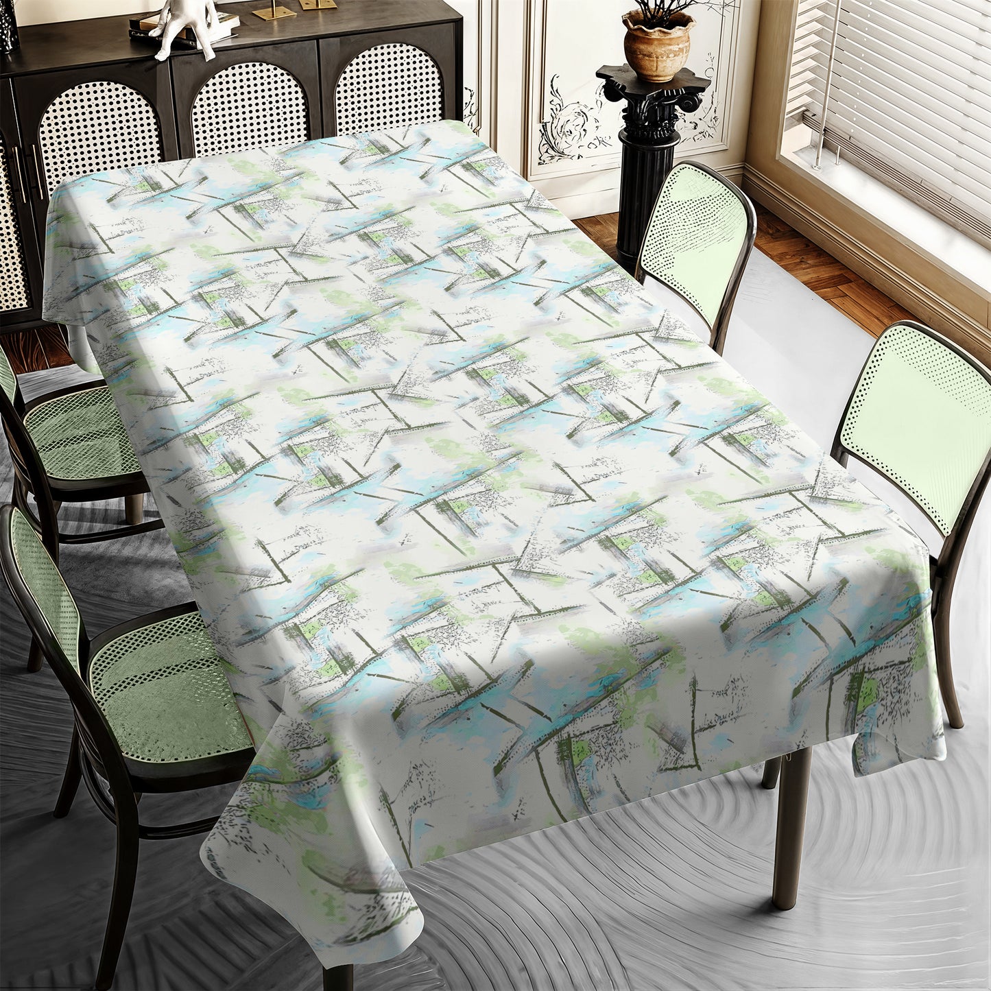 Blue and Green Lines on White Rectangle Tablecloth