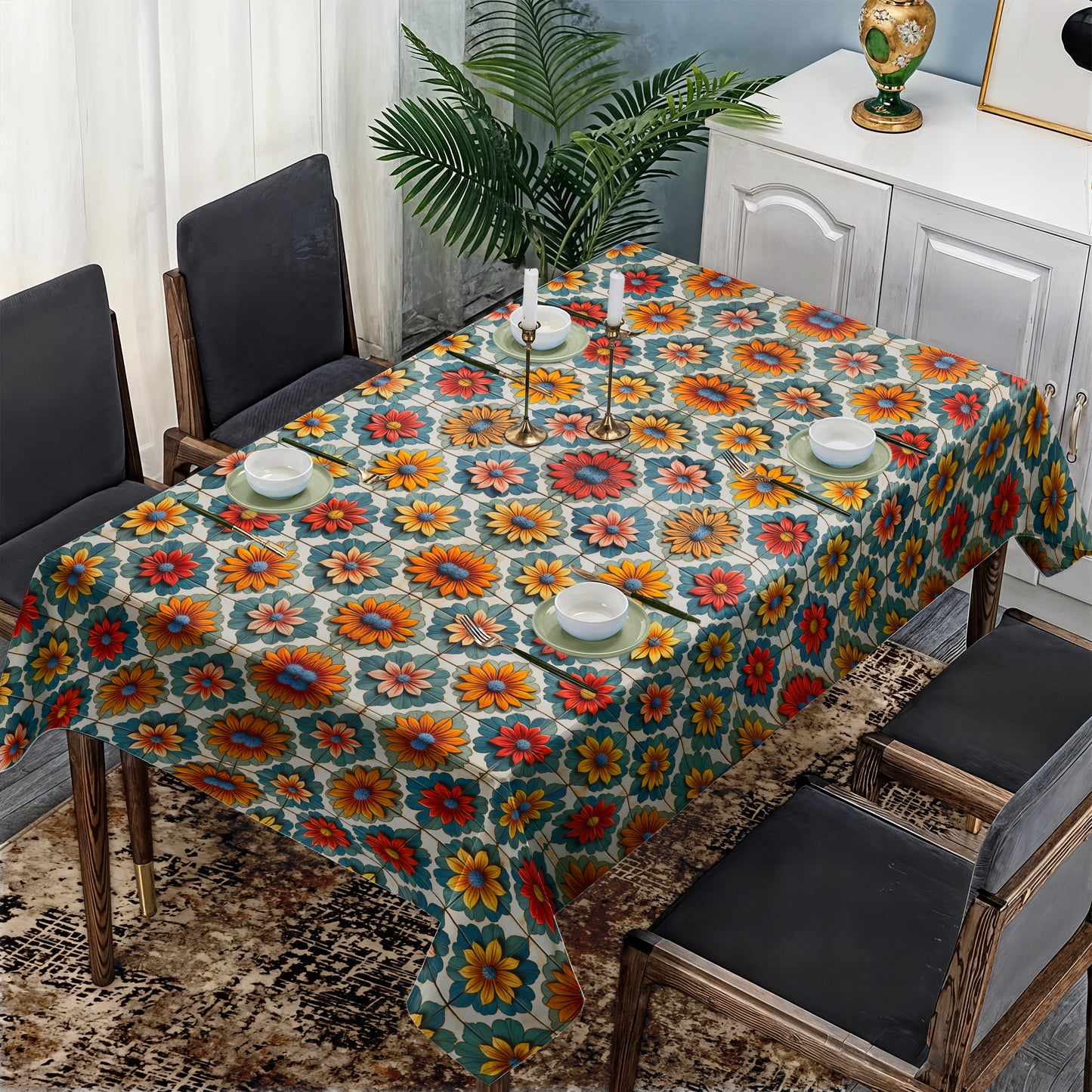 Bohemian Tiles Daises Rectangle Tablecloth