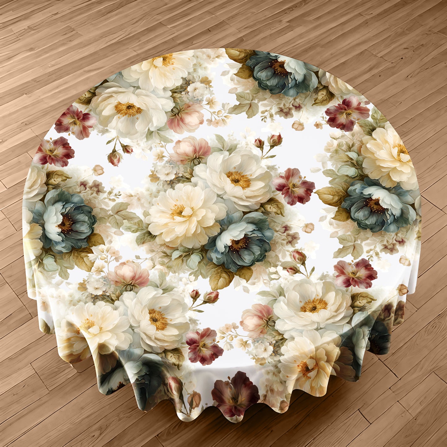 Bouquet of Floral on White Round Tablecloth by Mark van Vuuren