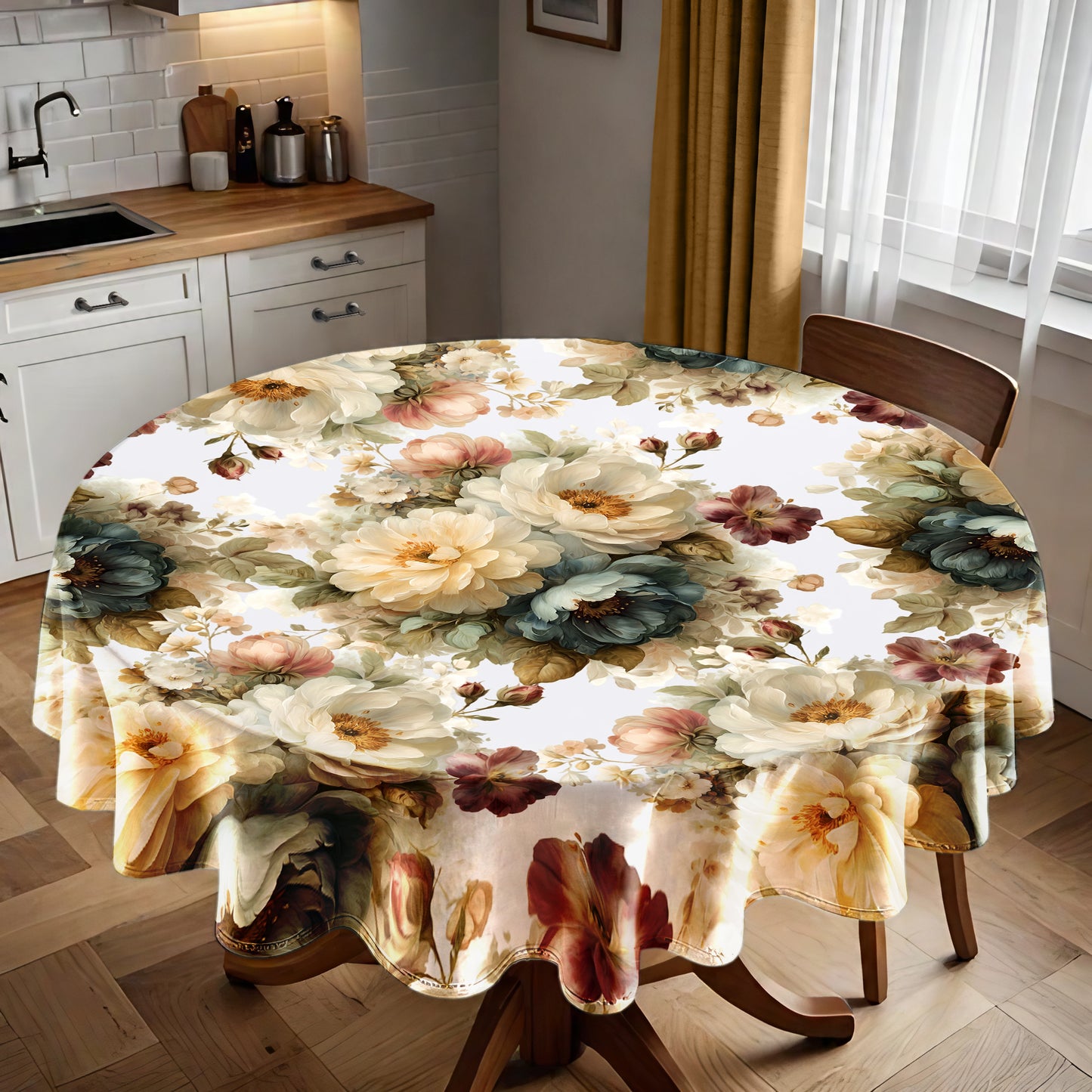 Bouquet of Floral on White Round Tablecloth by Mark van Vuuren