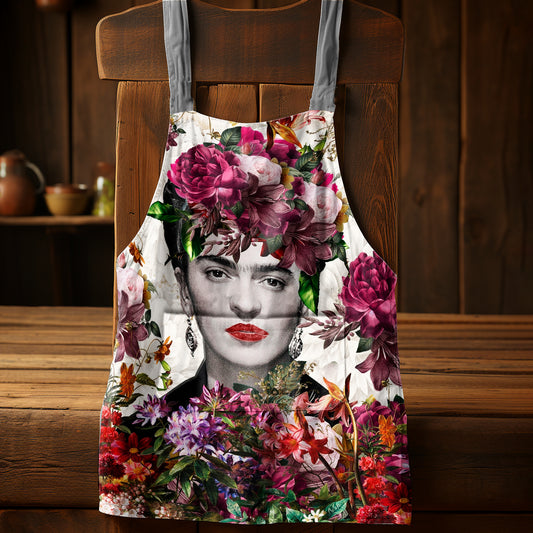Bright Floral Frida Kahlo Medium Length Apron By Mark Van Vuuren