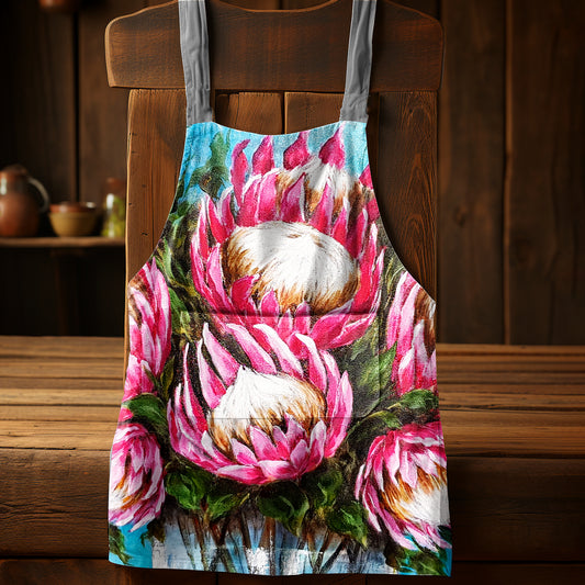 Bright Pink Proteas Medium Length Apron by Stella Bruwer