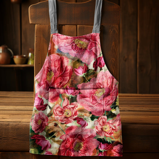 Bright Red Floral Medium Length Apron By Mark Van Vuuren