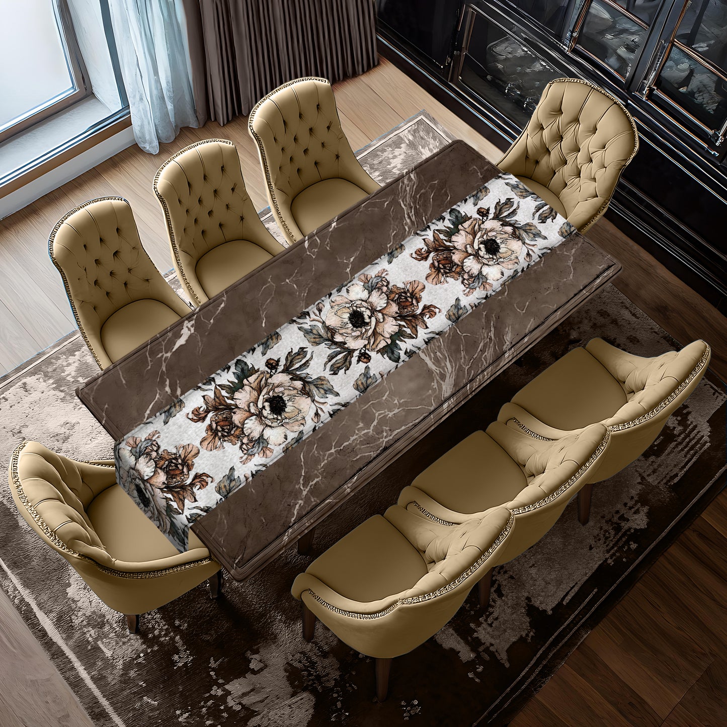Brown Gravite Drawn Flowers Table Runner by Mark van Vuuren