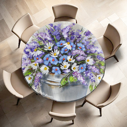 Bucket of Blue and Purple Flowers By Stella Bruwer Round Tablecloth